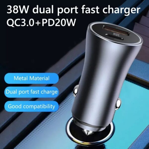 PD 20W Aluminum Alloy Dual Interface Car Fast Charger (Black)