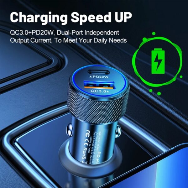 Metal PD20W USB-C + QC18W USB Dual Port Car Charger