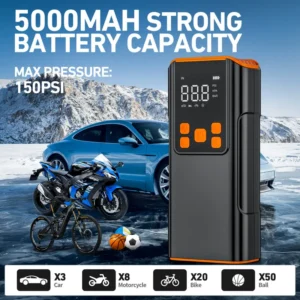 Tire Inflator Portable Air Compressor - 150PSI Air Compressor with Tire Pressure Gauge, LED Light, High-capacity And 3X Faster Portable Air Pump Suitable for Cars, Bikes & Motorcycle Tires, Balla