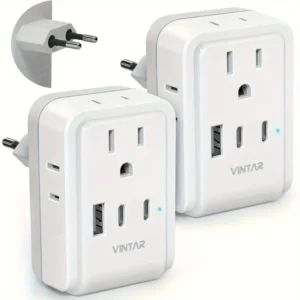 [2 Pack]European Travel Plug Adapter, VINTAR European Adapter, with 4 AC Sockets, 3 USB Ports, 2 USB C, C Type International Power Adapter, Suitable for Most Regions from the United States to Europe, EU, Italy, Spain, France, Germany, Iceland, VINTAR