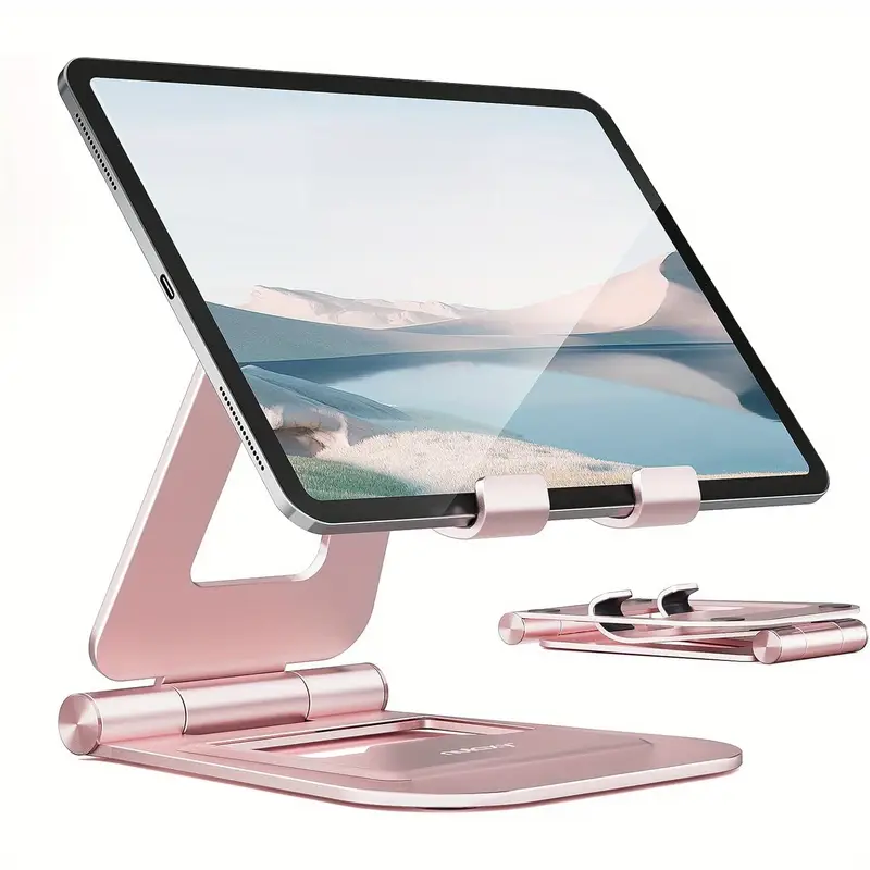 Adjustable Foldable Tablet Stand with Cord Holder & Pen Loop - Compatible with iPad Air 4/Mini, 10.2/9.7/11/12.9, 4-14" Devices, Adhesive Pads for Secure Hold, Portable Desktop Stand for Home Office, Black, Desk Organizer, Sleek Design, Stable Base, Tech Enthusiasts