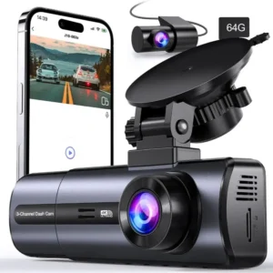 Triple Channel Dash Cam 4K/2.5K+1080P+1080P Front & Rear with 64GB Card, WiFi, App Control, Gravity Sensor, 24H Parking Mode, Loop Recording, Night Vision, USB-Powered, Rechargeable Battery
